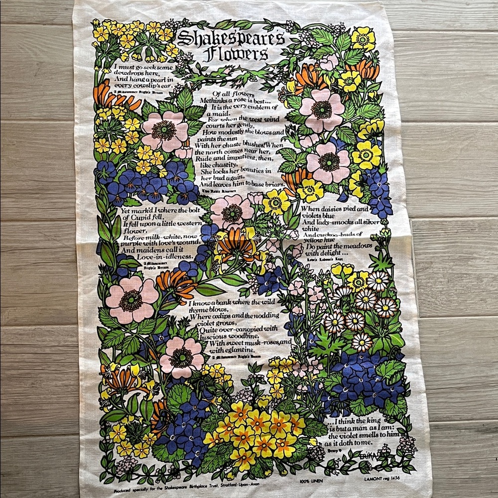 Shakespeares Flowers VTG linen tea kitchen towel bright floral New